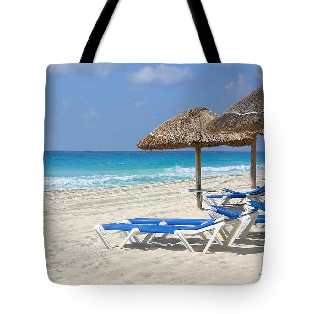 Beach Tote Bag featuring the photograph Beach chairs in Cancun by Jane Girardot