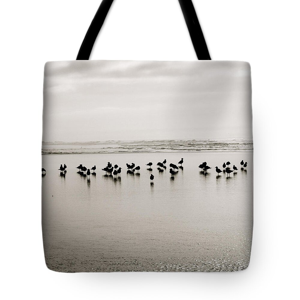 Seagulls Tote Bag featuring the digital art Beach Gulls Gather by Gary Olsen-Hasek
