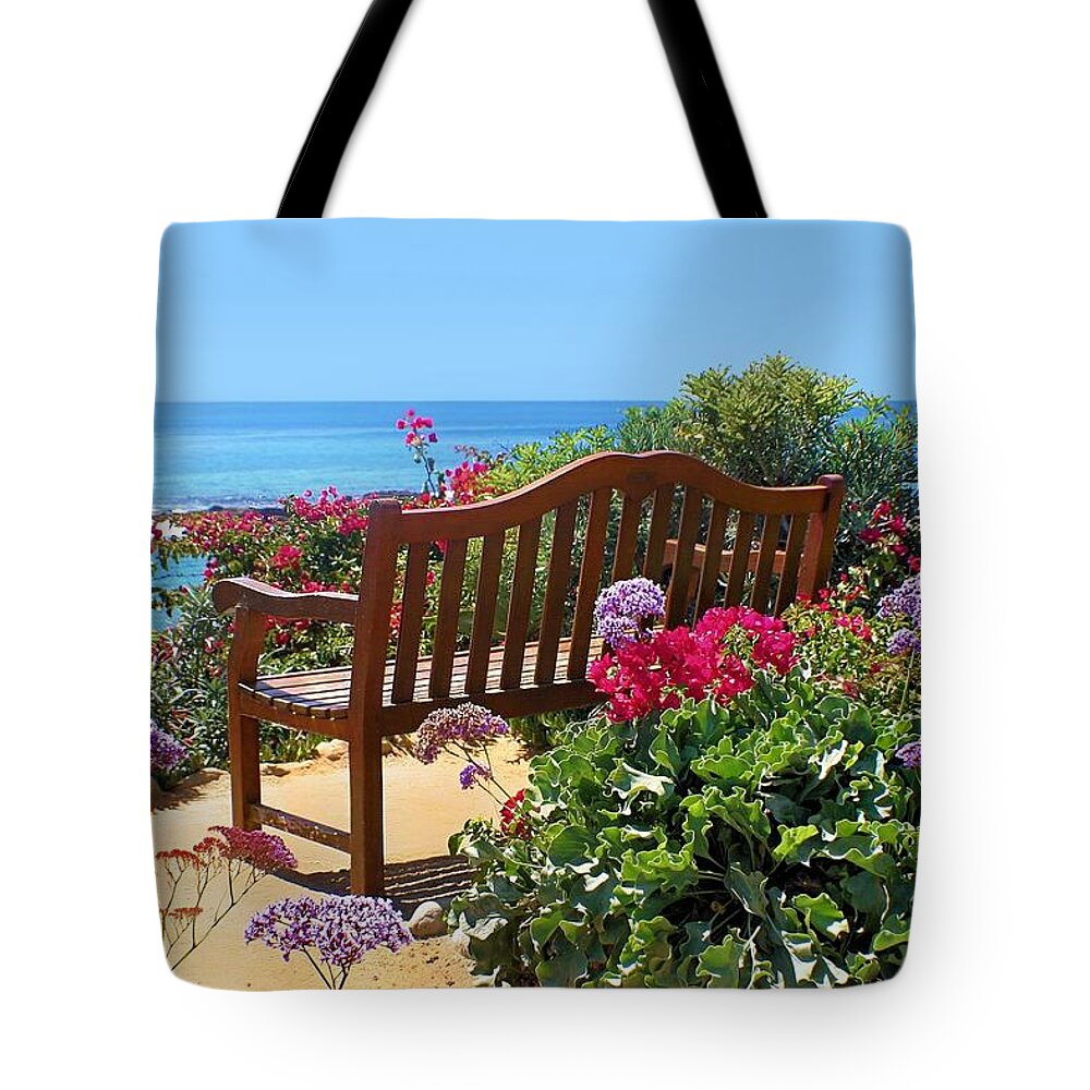 Bench Tote Bag featuring the photograph Beach Viewing Bench by Jane Girardot