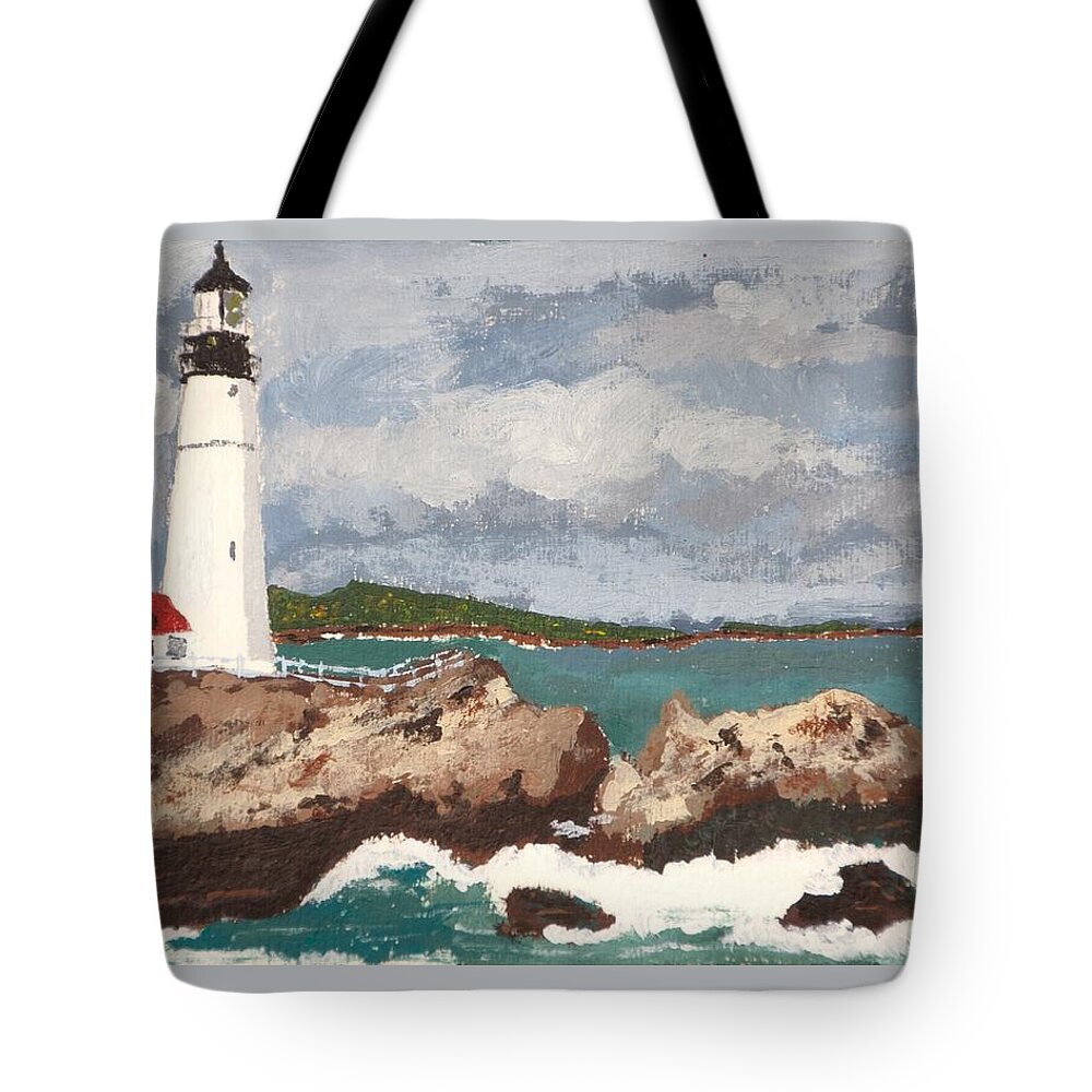 New England Shore Landscape Tote Bag featuring the painting Beacon of Love by Cynthia Morgan