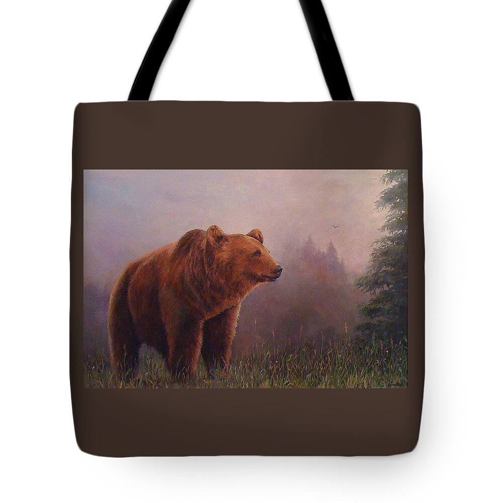 Animal Tote Bag featuring the painting Bear in the Mist by Donna Tucker