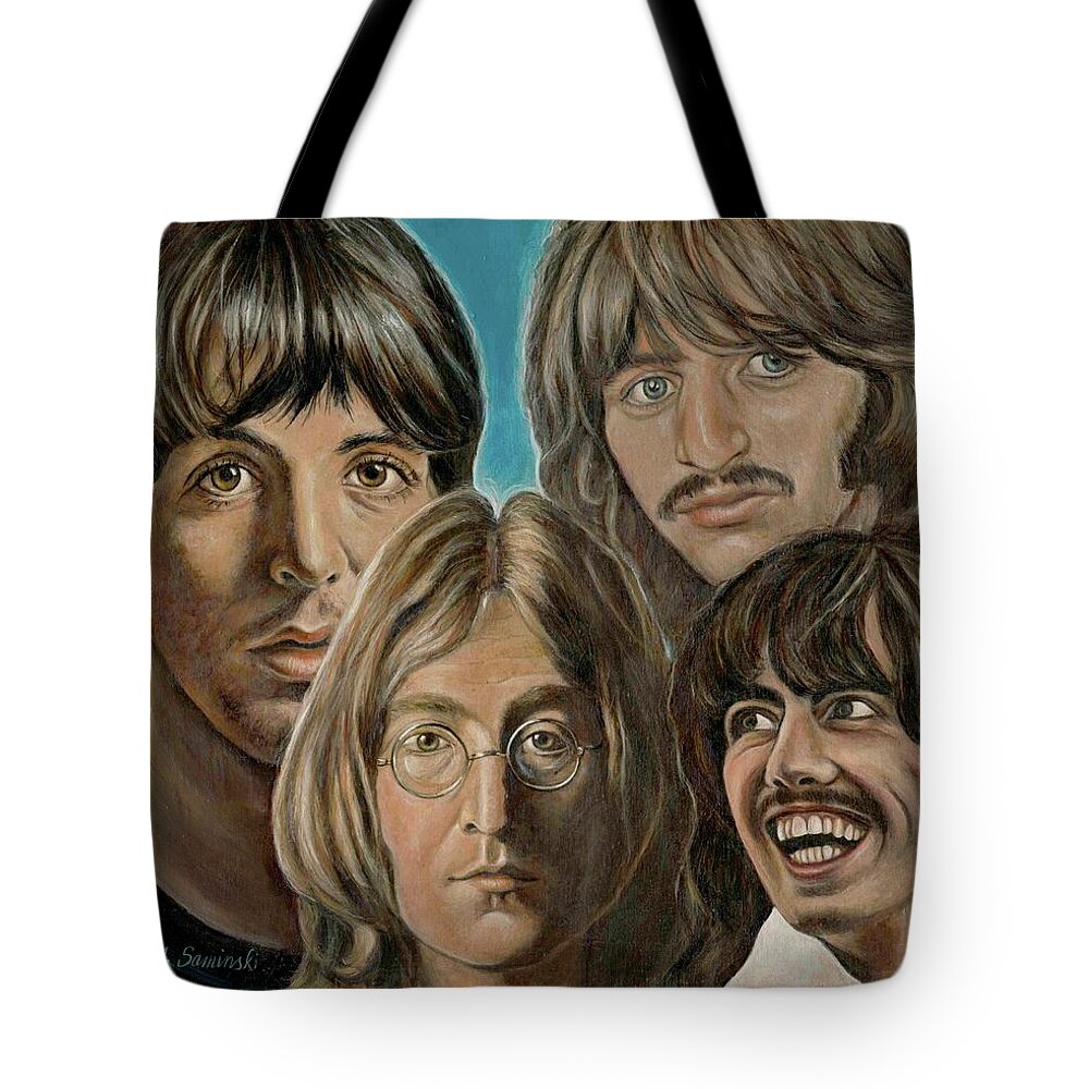 Beatles Tote Bag featuring the painting Beatles The Fab Four by Melinda Saminski