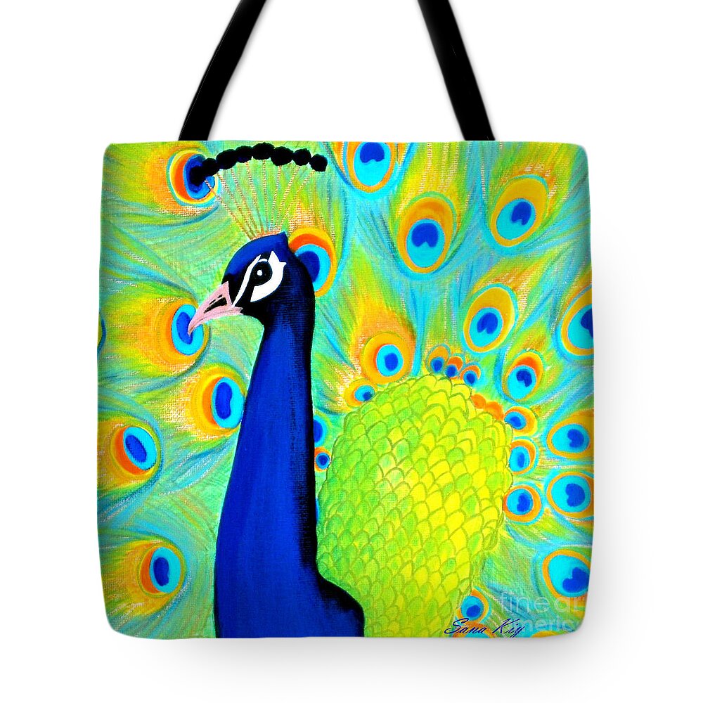 Peacock Tote Bag featuring the painting Beautiful Peacock Card by Oksana Semenchenko