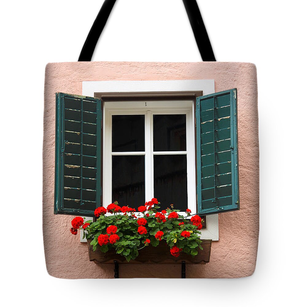 Austria Tote Bag featuring the photograph Beautiful window with flower box and shutters by Sue Leonard