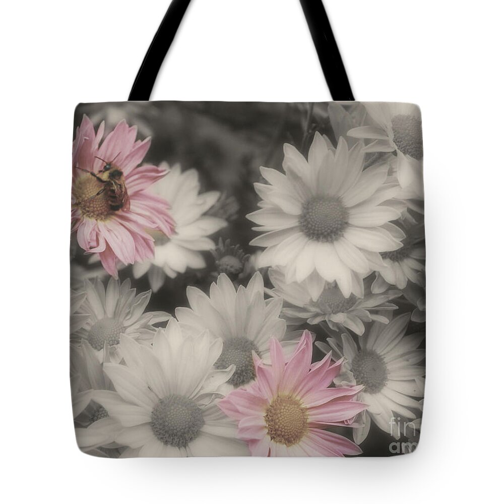 Flowers Tote Bag featuring the photograph Bee And Daisies In Partial Color by Smilin Eyes Treasures