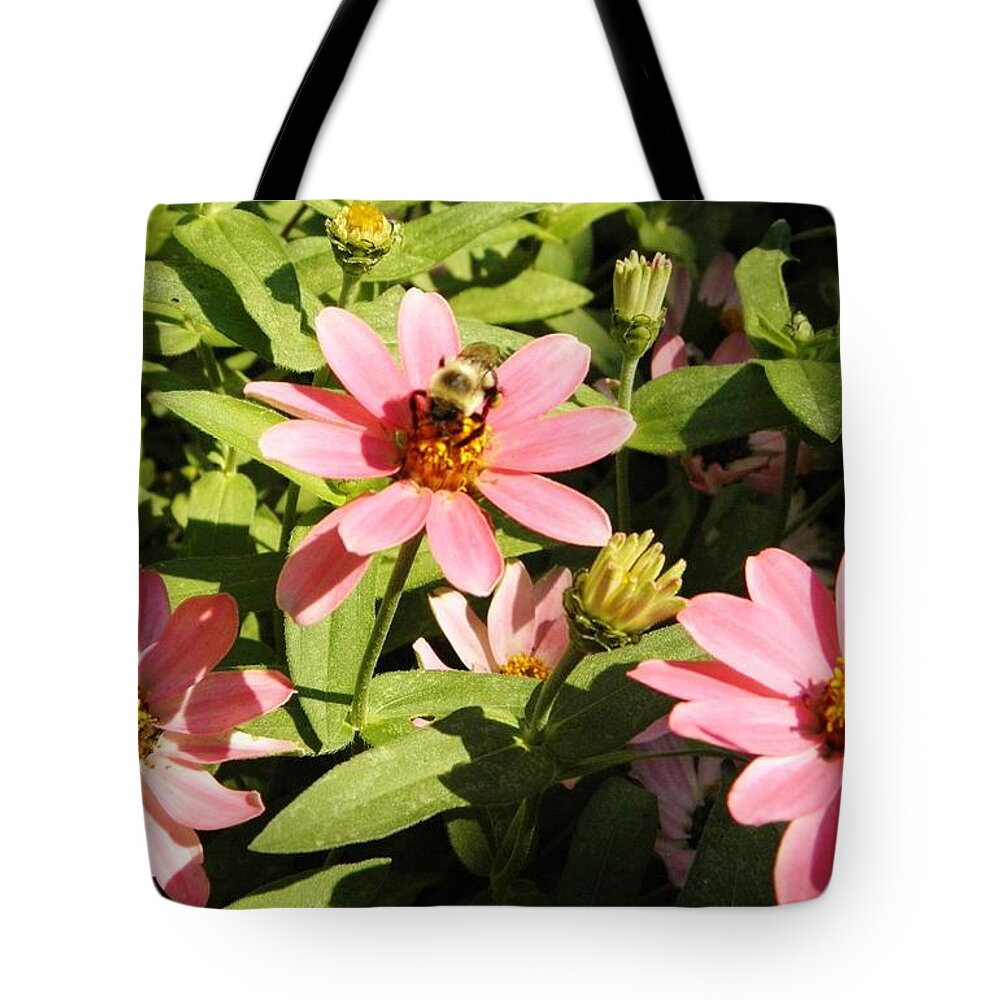 Pink Flower Tote Bag featuring the photograph Bee at Work by Mary Carol Williams