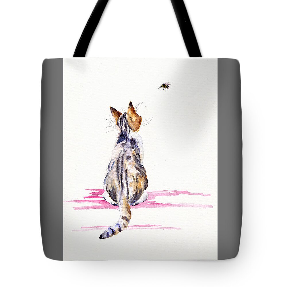 Cat Tote Bag featuring the painting Kitten - Bee-mused by Debra Hall