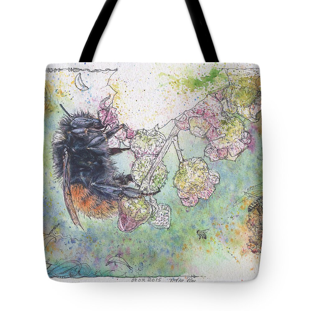 Bees Tote Bag featuring the painting Bee on Currant Blossom. by Petra Rau