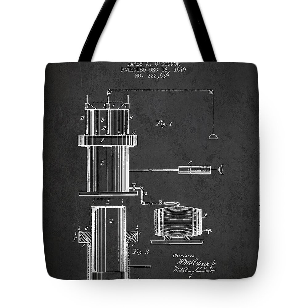 Beer Keg Tote Bag featuring the digital art Beer Apparatus Patent Drawing from 1879 - Dark by Aged Pixel