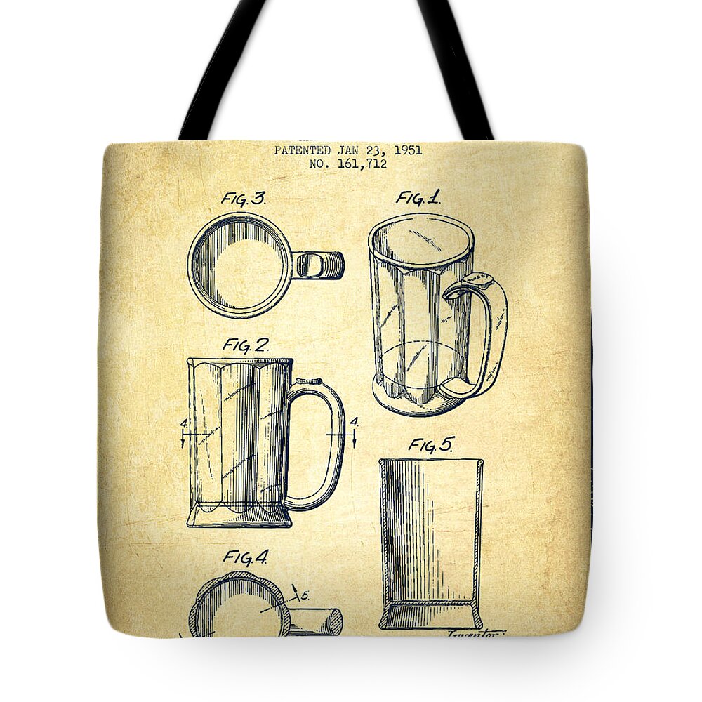 Beer Mug Tote Bag featuring the digital art Beer Mug Patent Drawing from 1951 - Vintage by Aged Pixel