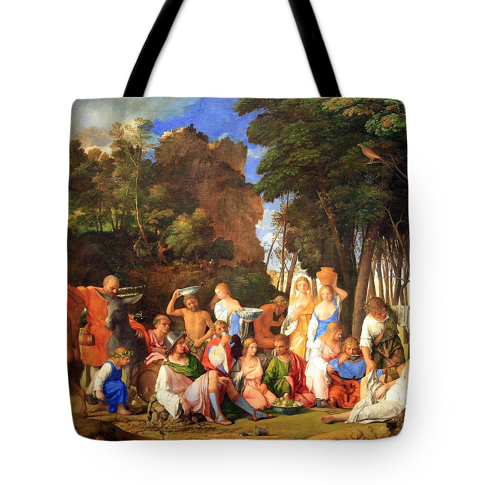 The Feast Of The Gods Tote Bag featuring the photograph Bellini's Titian's The Feast Of The Gods by Cora Wandel