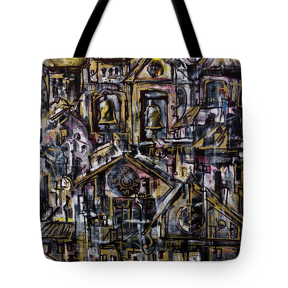 Acrylic Tote Bag featuring the painting Bells Clocks and Crosses by Maxim Komissarchik