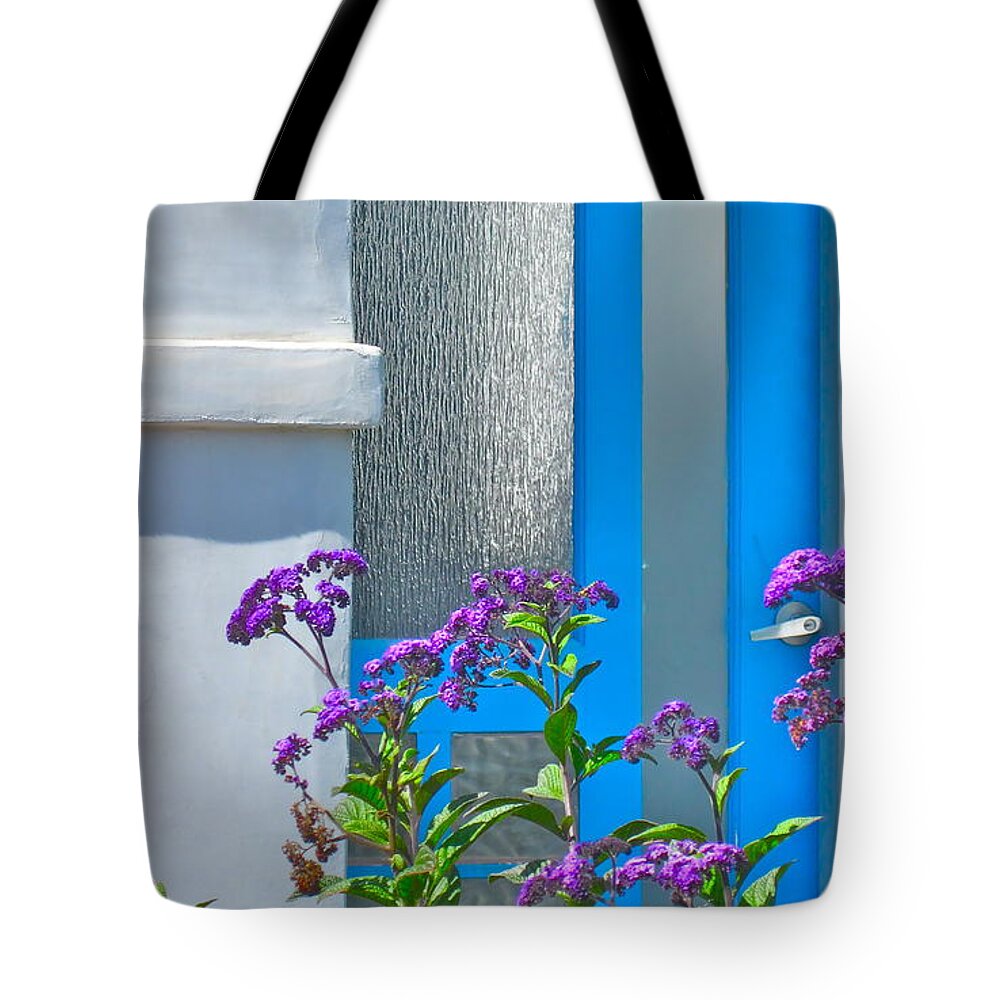 Photograph Of Door Tote Bag featuring the photograph Belmont Shore blue by Gwyn Newcombe