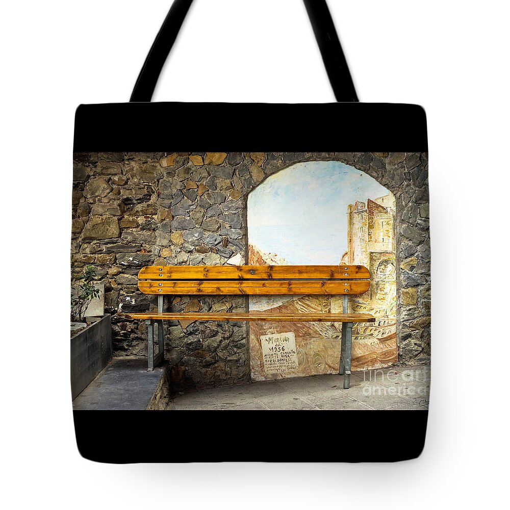 Italy Tote Bag featuring the photograph Bench in Riomaggiore by Prints of Italy