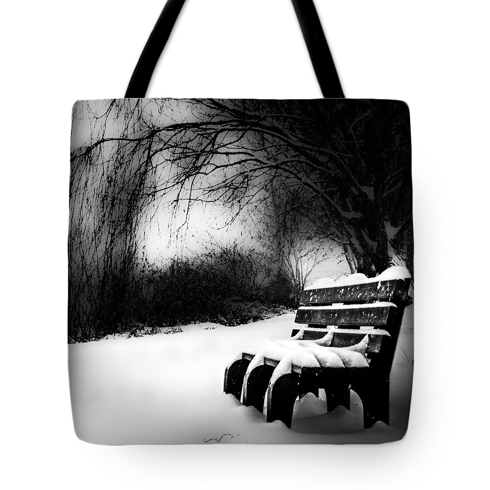 Bench Tote Bag featuring the photograph Bench On The Riverside by Michael Arend