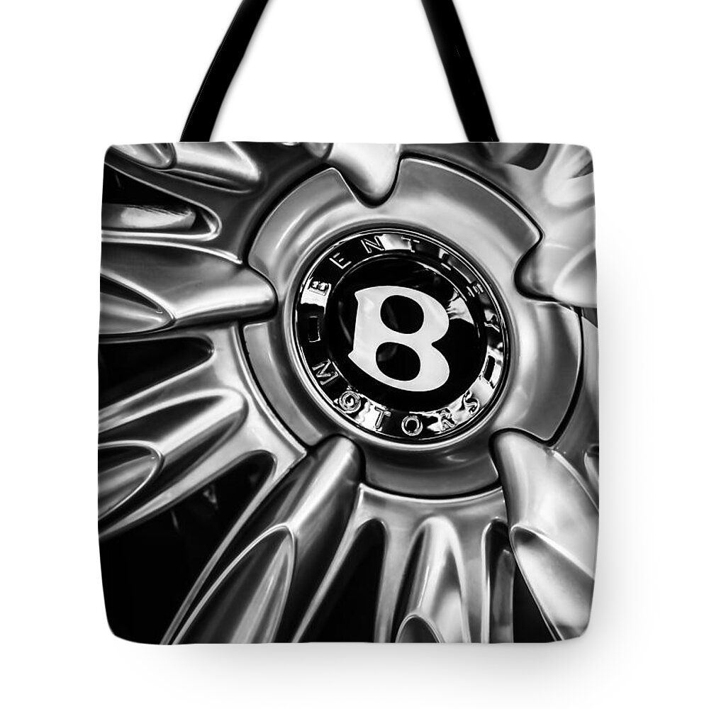 Bentley Wheel Emblem Tote Bag featuring the photograph Bentley Wheel Emblem -0303bw by Jill Reger