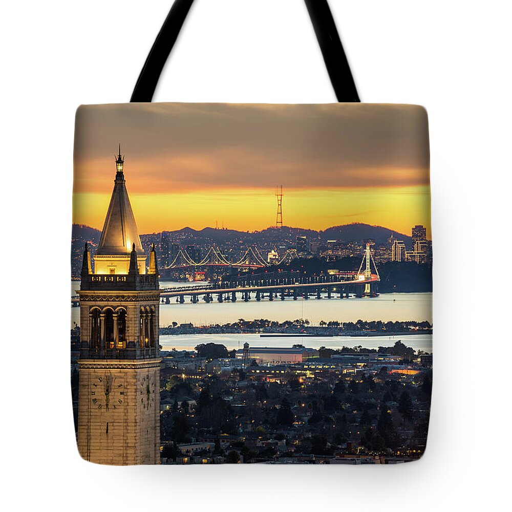 San Francisco Tote Bag featuring the photograph Berkeley Campanile With Bay Bridge And by Chao Photography