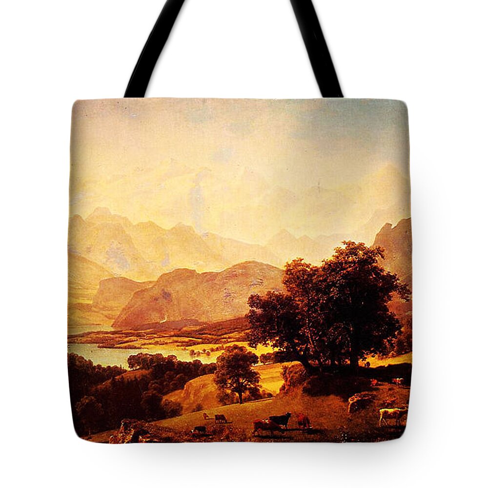 Bernese Alps As Seen Near Kusmach 1859 Tote Bag featuring the painting Bernese Alps As Seen Near Kusmach 1859 by MotionAge Designs