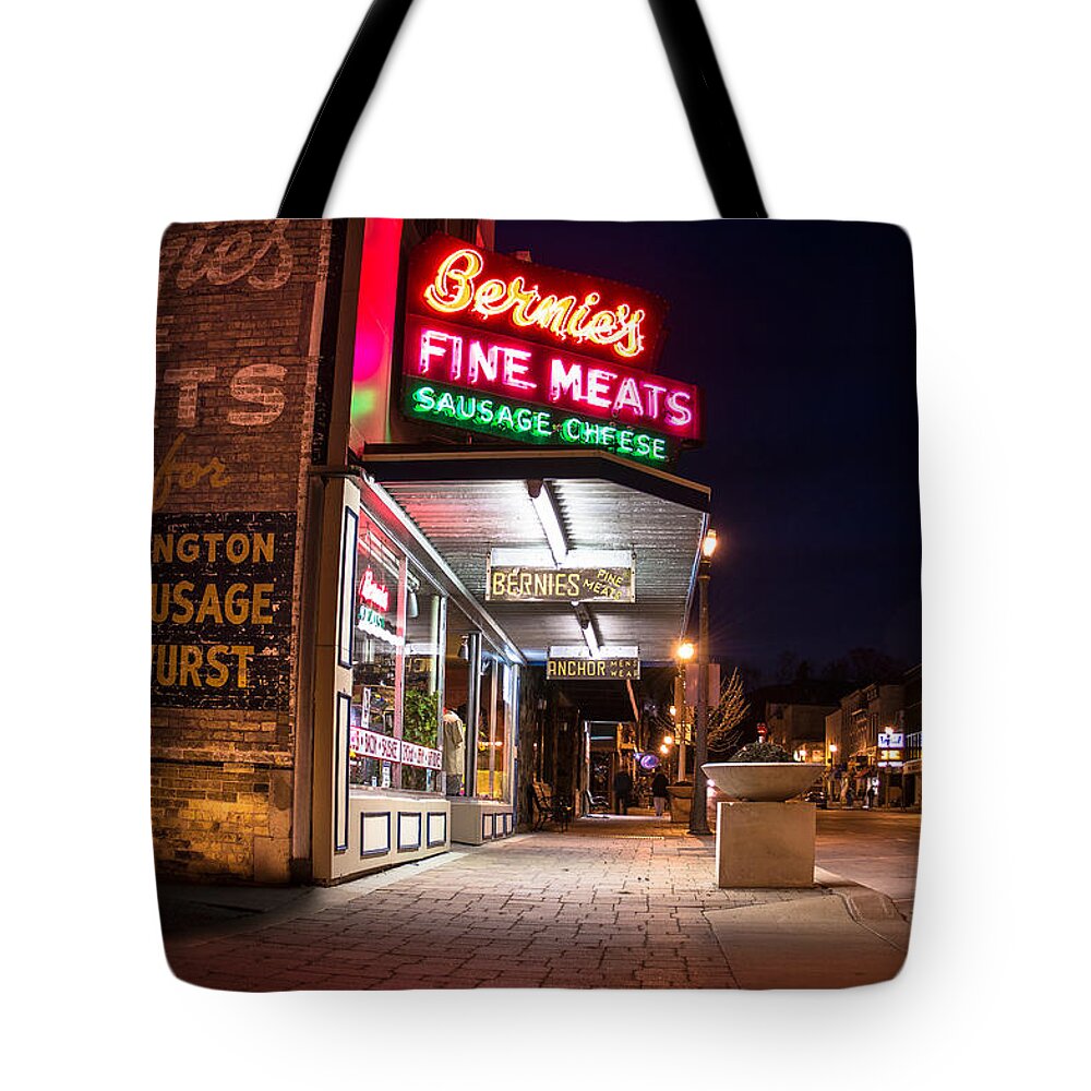 Bernies Tote Bag featuring the photograph Bernies Fine Meats Signage by James Meyer