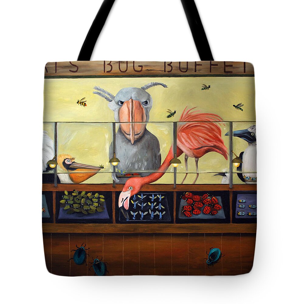 Birds Tote Bag featuring the painting Bert's Bug Buffet by Leah Saulnier The Painting Maniac