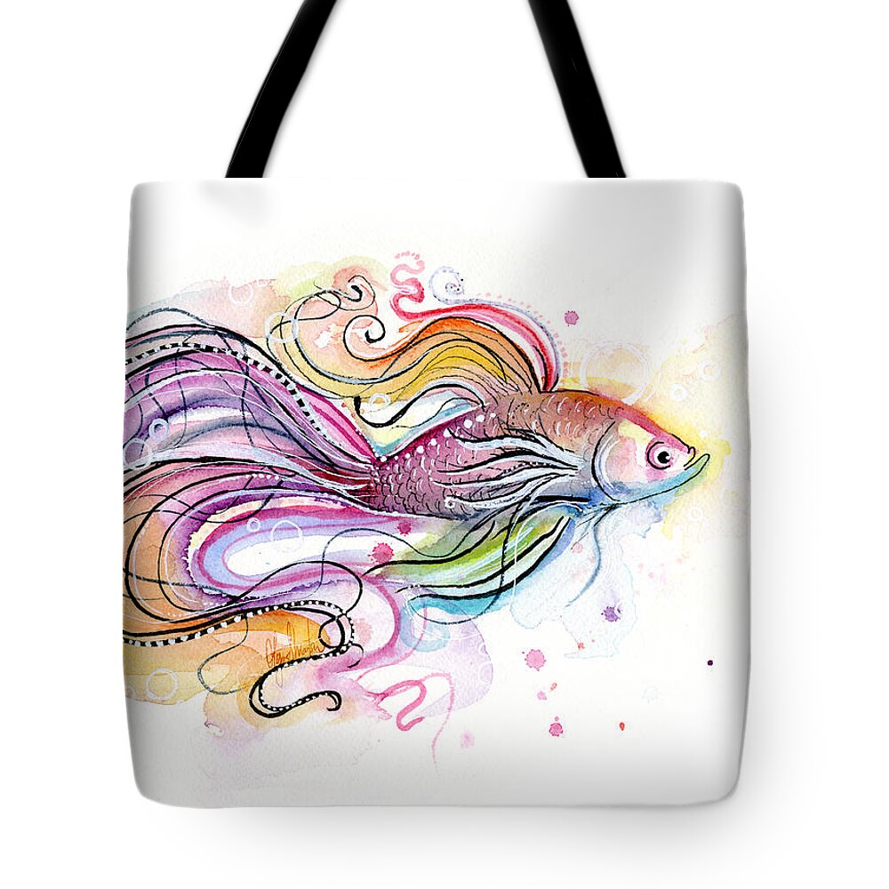 Fish Tote Bag featuring the painting Betta Fish Watercolor by Olga Shvartsur