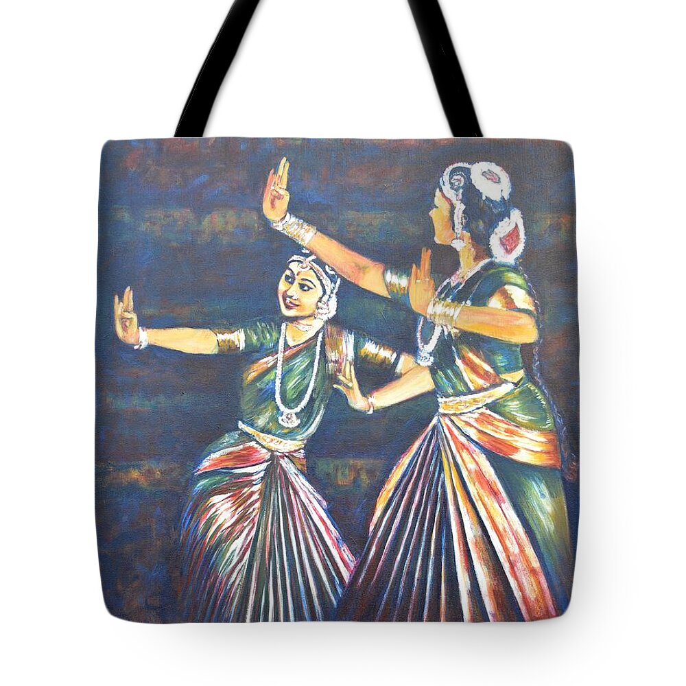 Bharatha Naatyam Tote Bag featuring the painting Bharatha Naatyam 2 by Usha Shantharam