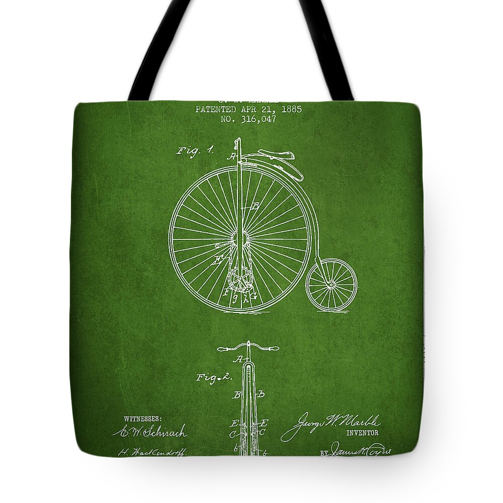 Bicycle Patent Tote Bag featuring the digital art Bicycle Patent Drawing From 1885 - Green by Aged Pixel