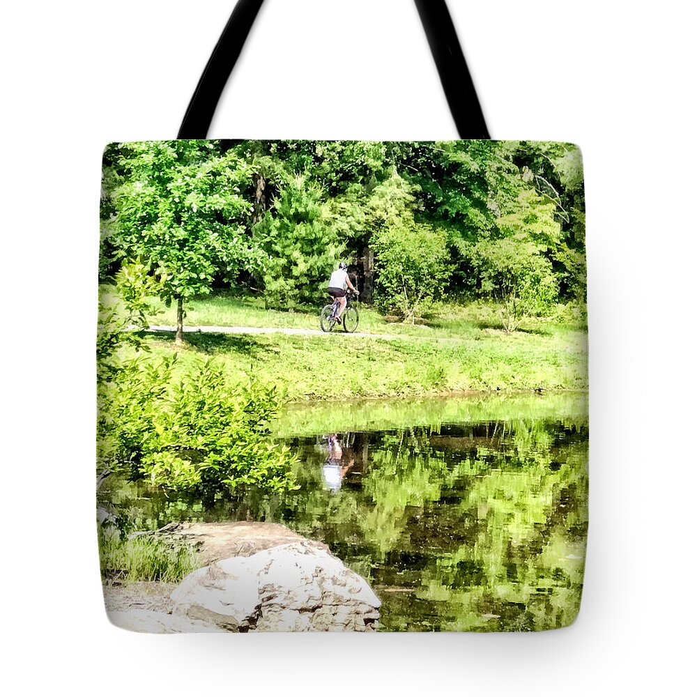 Bicycle Tote Bag featuring the photograph Bicycling by the Lake by Susan Savad