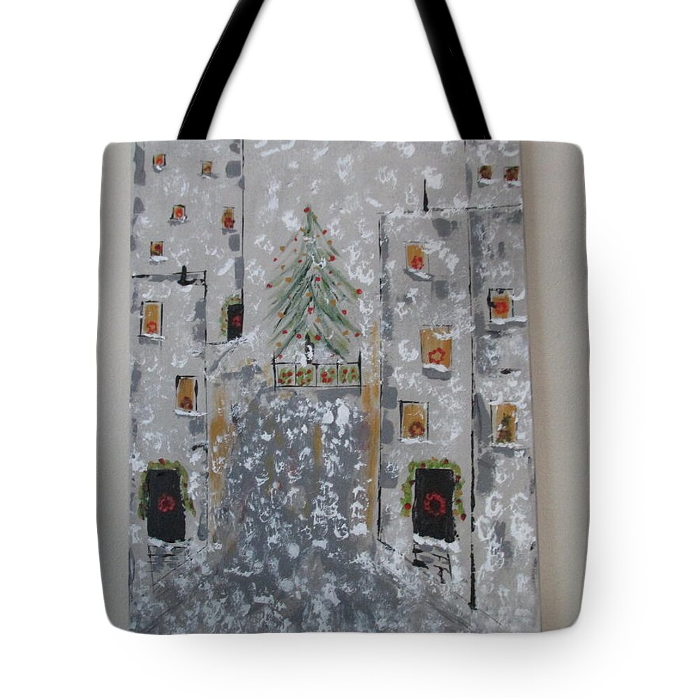 Abstract New York Tote Bag featuring the painting Big Apple Christmas by Sharyn Winters