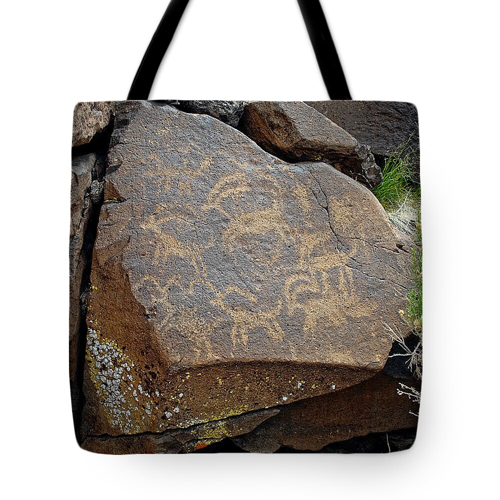 Petroglyph Tote Bag featuring the photograph Big horn sheep petroglyph by John Bennett