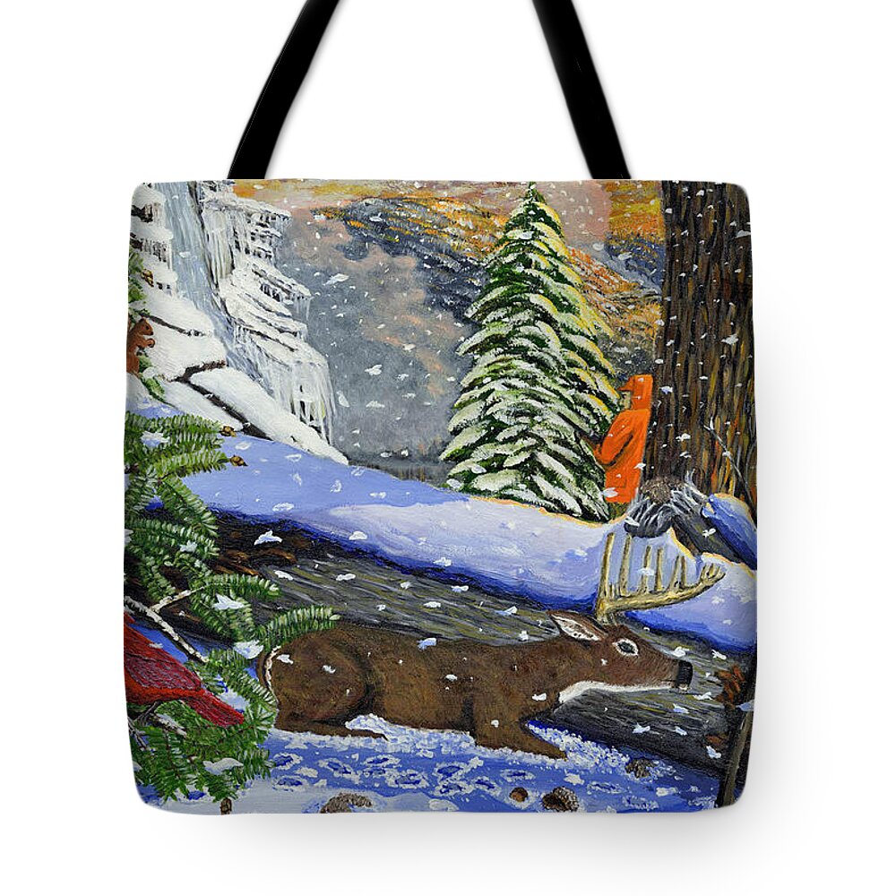 Landscape Deer Hunting Red Bird Hemlock Trees And Old Chestnut Trees Tote Bag featuring the painting Big timber buck by Carey MacDonald