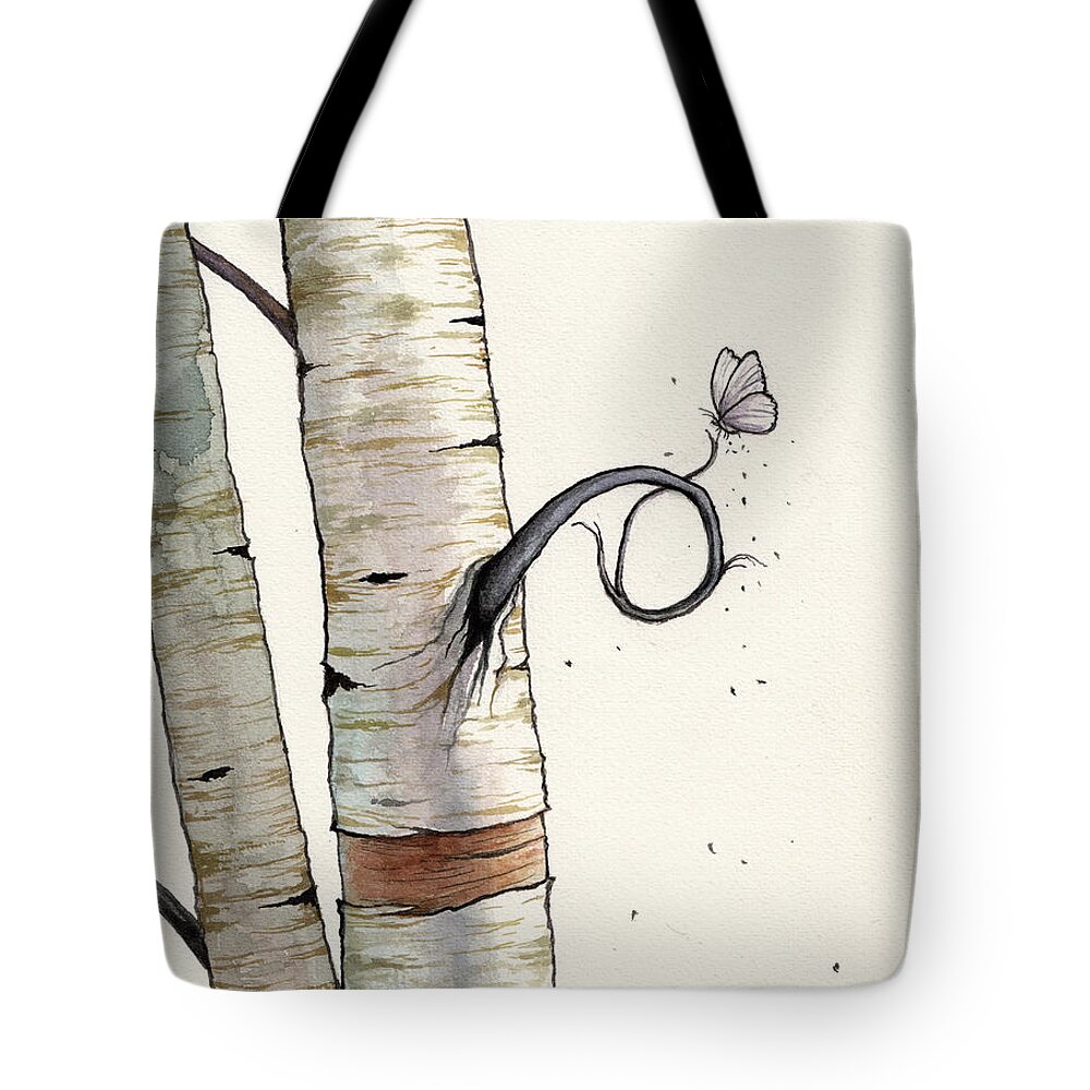 Birch Tote Bag featuring the painting Birch Tree meets White Butterfly by Christopher Shellhammer