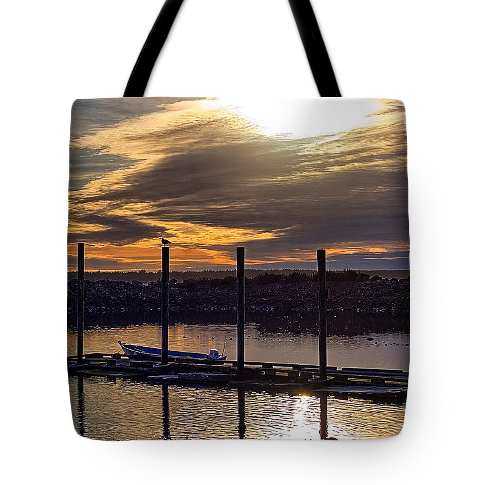 Sunset Tote Bag featuring the photograph Bird - Boat - Bay by Chriss Pagani