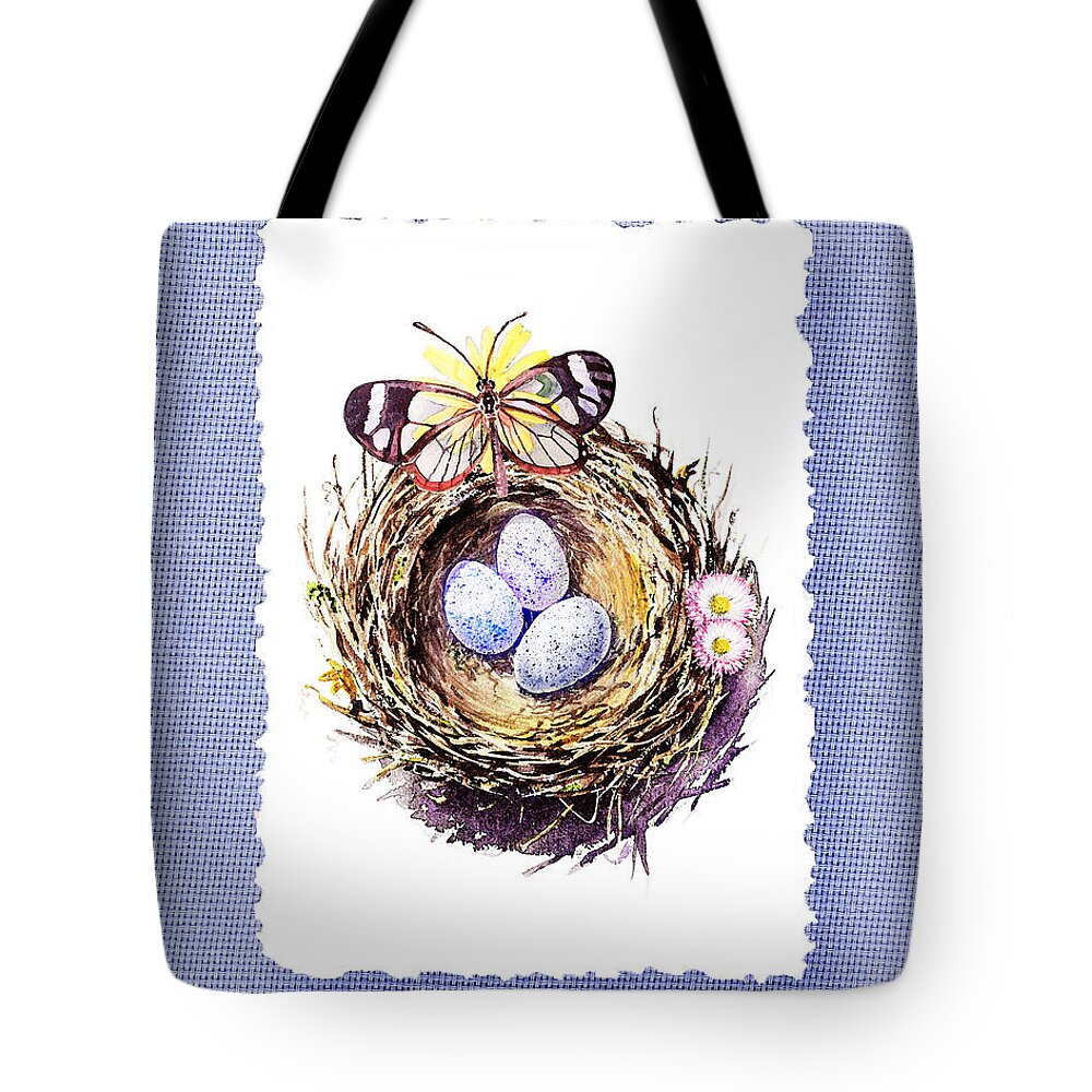 Bird Nest Tote Bag featuring the painting Bird Nest With Daisies Eggs And Butterfly by Irina Sztukowski