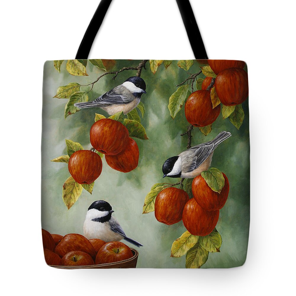 Birds Tote Bag featuring the painting Bird Painting - Apple Harvest Chickadees by Crista Forest