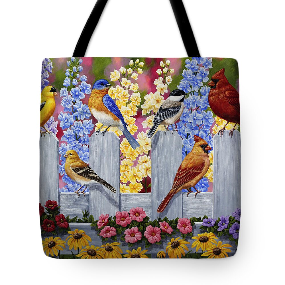 Birds Tote Bag featuring the painting Bird Painting - Spring Garden Party by Crista Forest