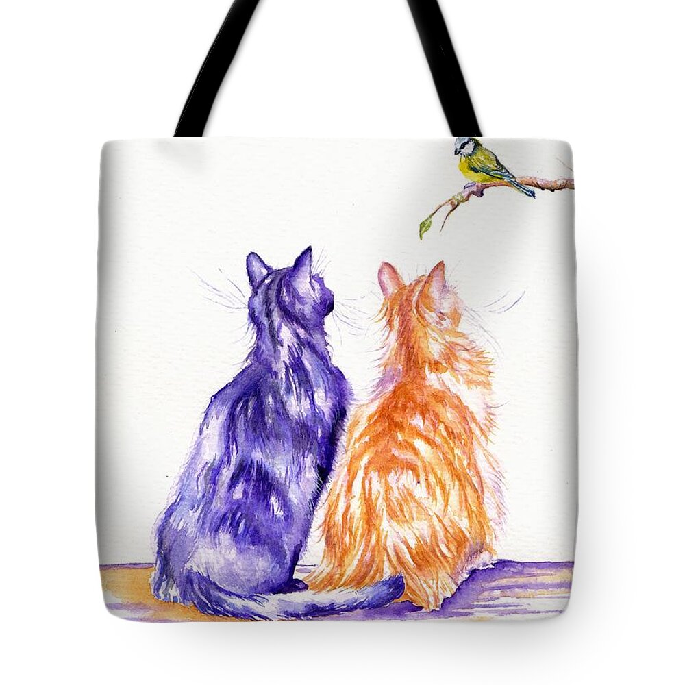 Cat Tote Bag featuring the painting Bird Watching by Debra Hall