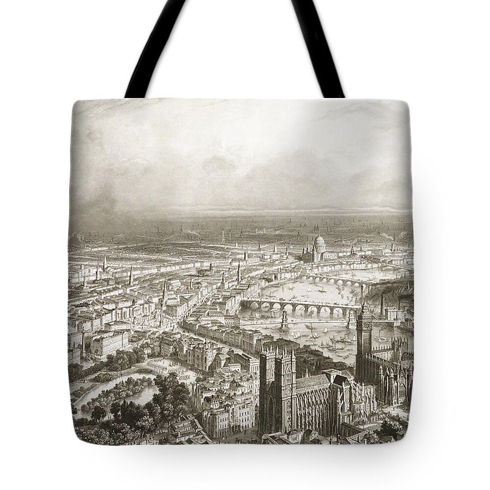 London Tote Bag featuring the drawing Birds Eye View of London from Westminster Abbey by Nicolas Marie Joseph Chapuy