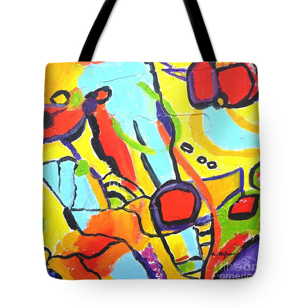 Abstract Tote Bag featuring the painting Birds on a wire by Cristina Stefan