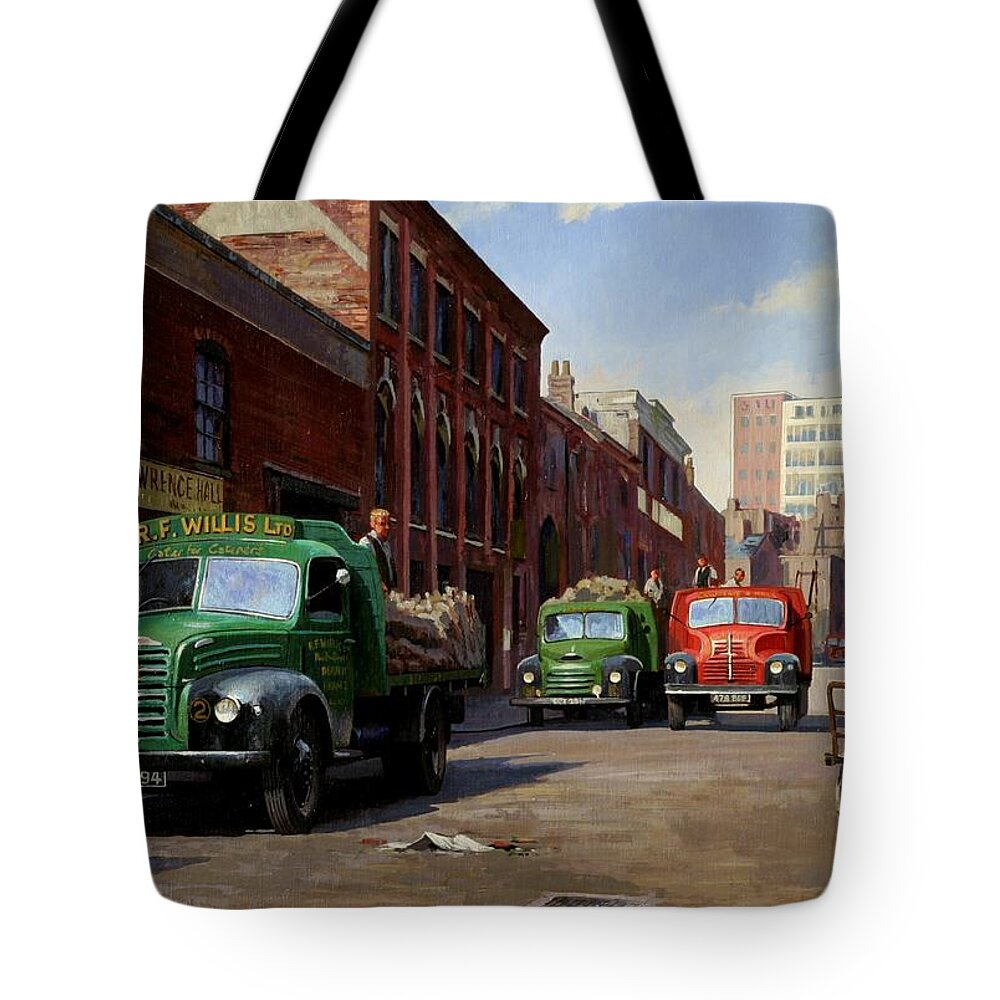 Page One Tote Bag featuring the painting Birmingham fruit and veg market. by Mike Jeffries