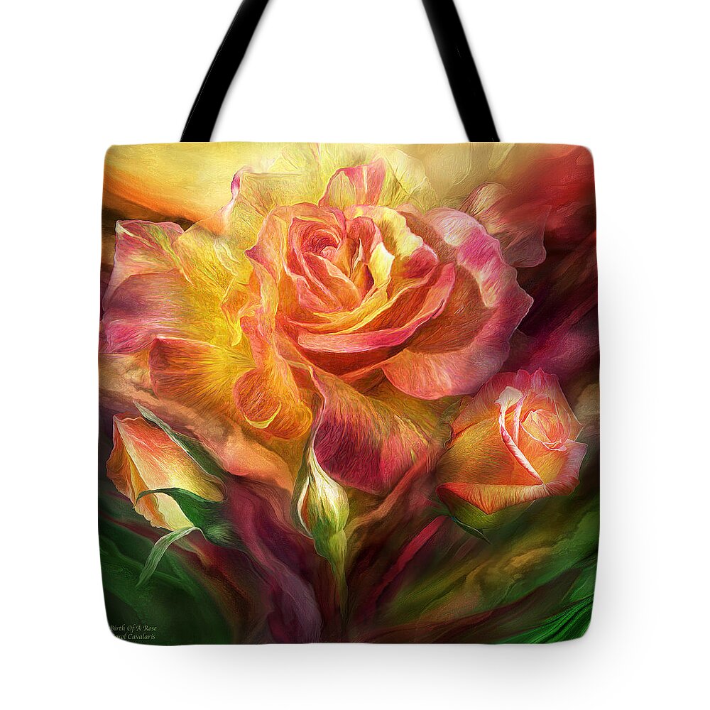 Rose Tote Bag featuring the mixed media Birth Of A Rose - SQ by Carol Cavalaris