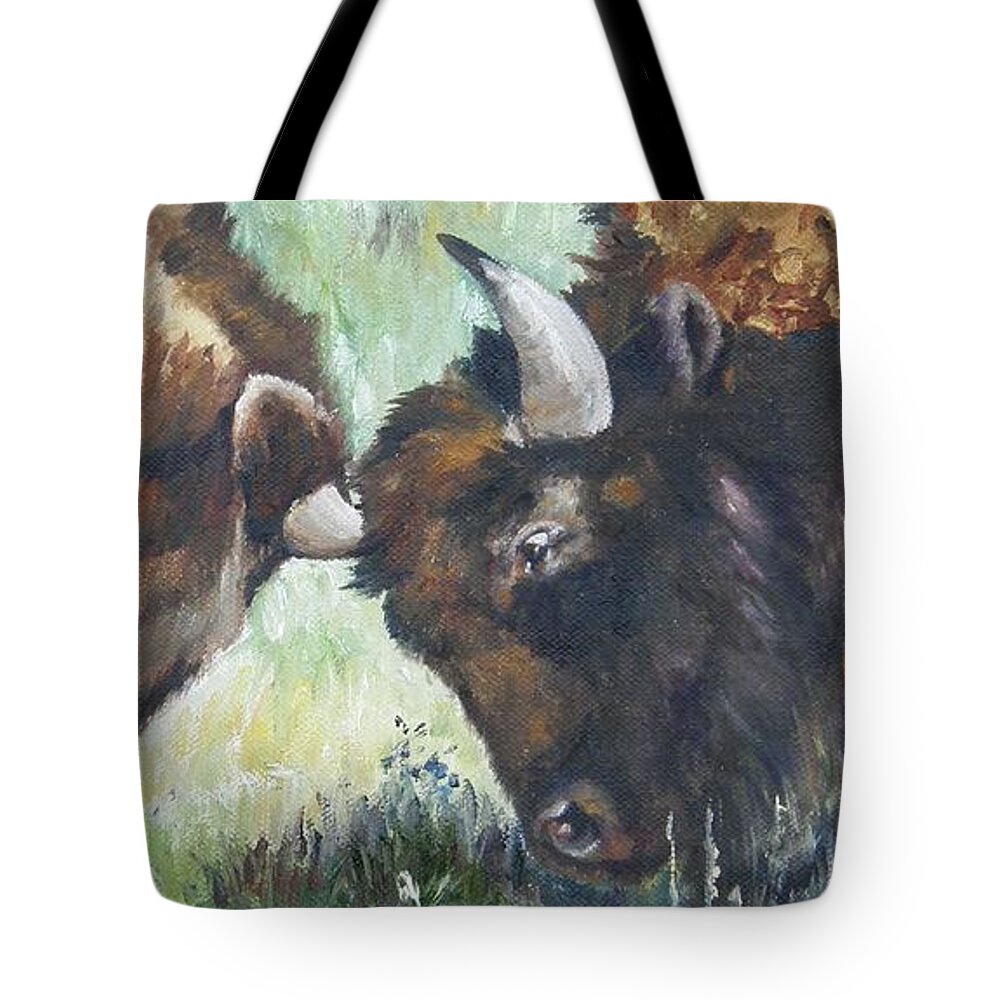 Lori Brackett Tote Bag featuring the painting Bison Brawl by Lori Brackett