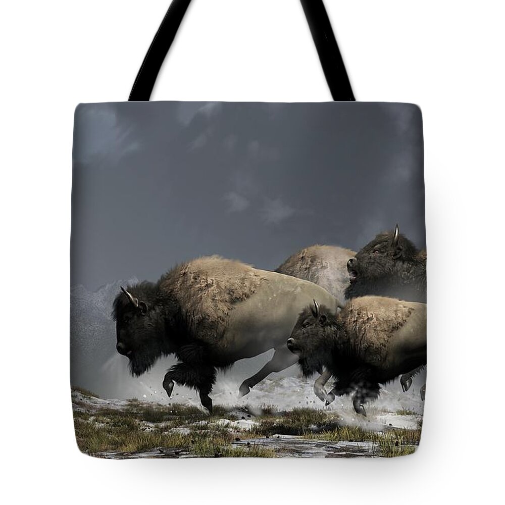Bison Tote Bag featuring the digital art Bison Stampede by Daniel Eskridge