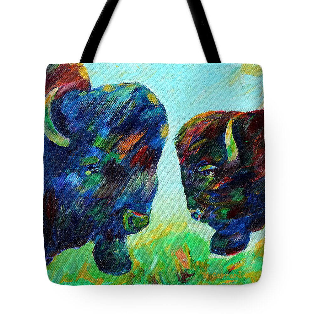 Two Bison In The Meadow Tote Bag featuring the painting Bison Wisdom by Naomi Gerrard