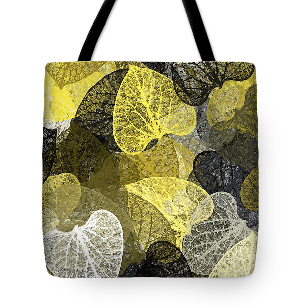 Black And Gold Tote Bag featuring the mixed media Black And Gold Leaf Pattern by Christina Rollo