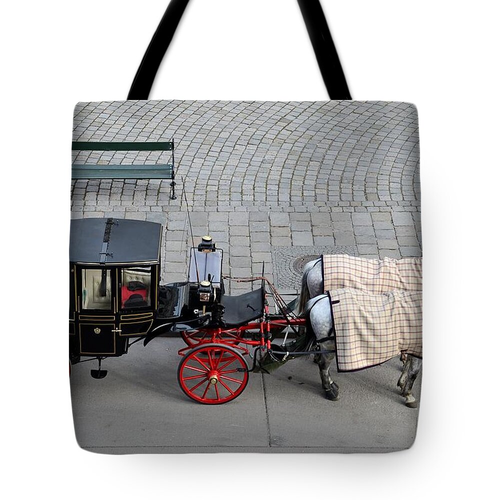 Carriage Tote Bag featuring the photograph Black and red horse carriage - Vienna Austria by Imran Ahmed