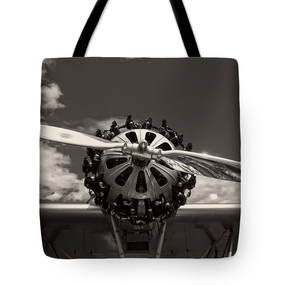 Airplane Tote Bag featuring the photograph Black and white Close-up Of Airplane Engine by Keith Webber Jr