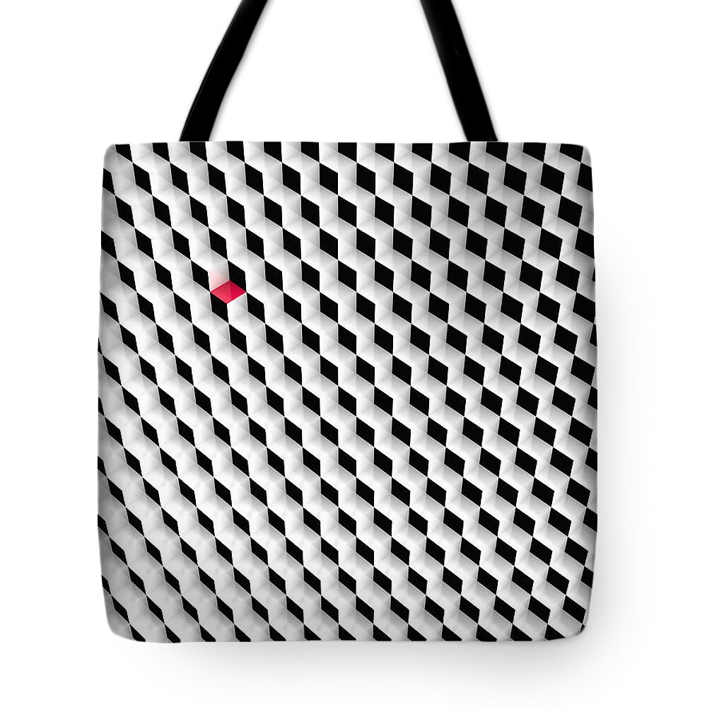 3d Tote Bag featuring the photograph Black and white cubes with one red cube. by Jan Brons