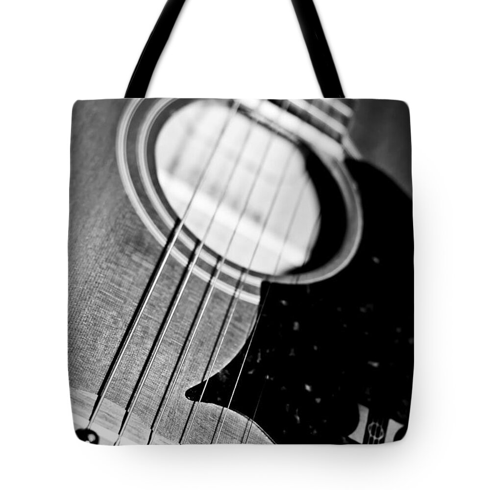 Guitars Tote Bag featuring the photograph Black and White Harmony Guitar by Athena Mckinzie