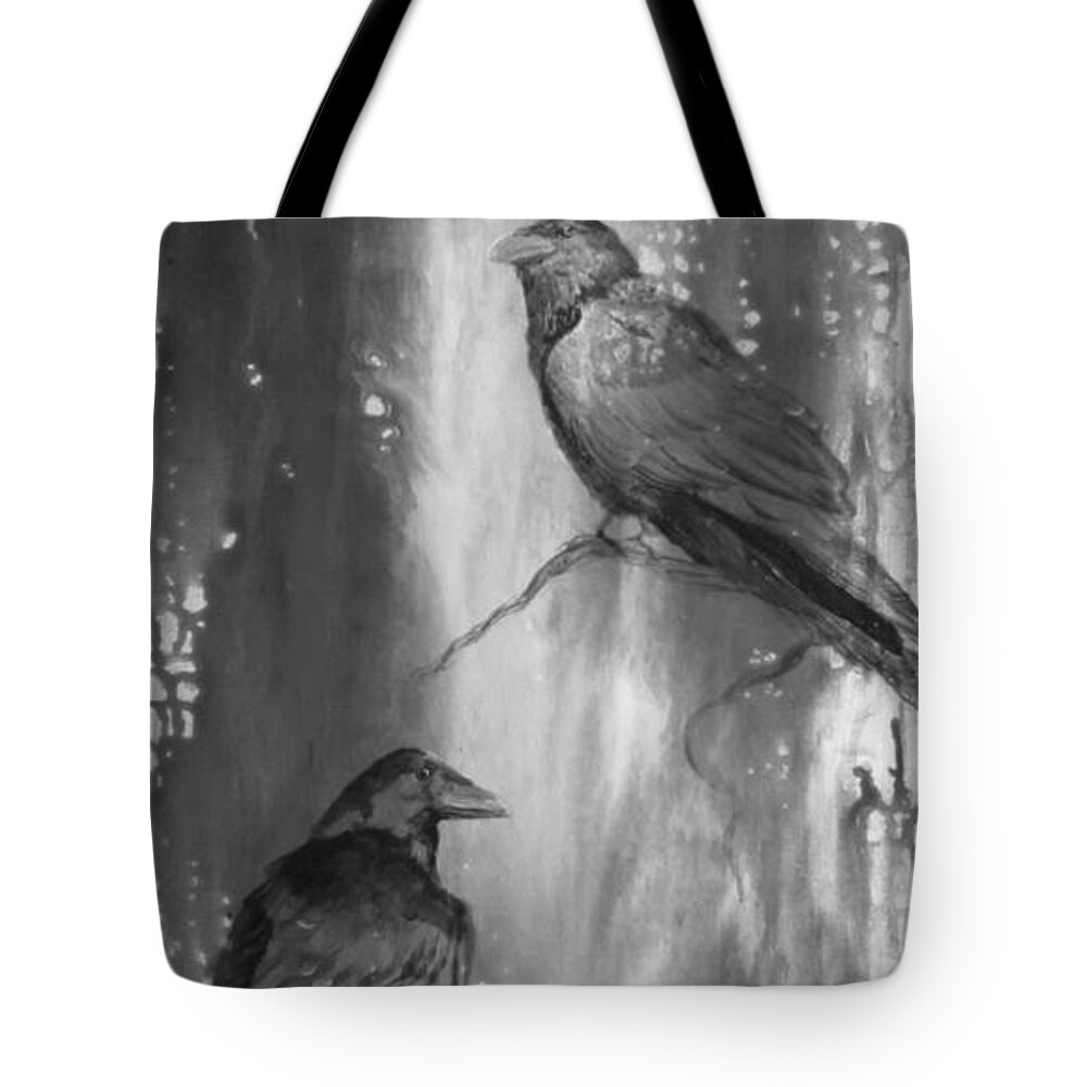 Ravens Tote Bag featuring the painting Black and White Ravens by Laurianna Taylor